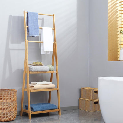 Bamboo Towel Rack with Shelves for Bathroom Storage - Natural