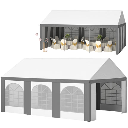 6 x 4m Galvanised Party Tent Marquee Gazebo with Sides, Windows & Double Doors - White & Grey