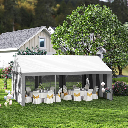 6 x 4m Galvanised Party Tent Marquee Gazebo with Sides, Windows & Double Doors - White & Grey