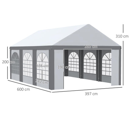 6 x 4m Galvanised Party Tent Marquee Gazebo with Sides, Windows & Double Doors - White & Grey