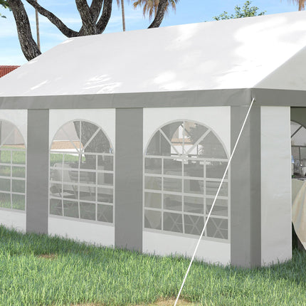 6 x 4m Galvanised Party Tent Marquee Gazebo with Sides, Windows & Double Doors - White & Grey