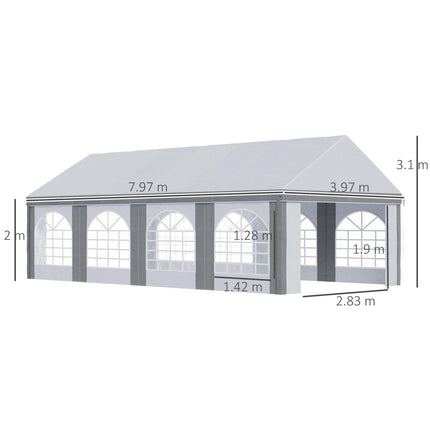 8 x 4m Galvanised Party Tent with Sides and Windows - White and Grey
