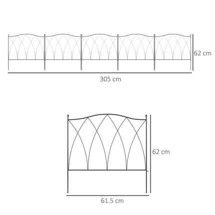 Set of 5 Rustproof Metal Garden Fence Panels 305x62 cm - Black