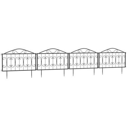 Set of 4 Rustproof Metal Garden Fence Panels with Decorative Curved Design - Black