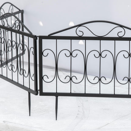 Set of 4 Rustproof Metal Garden Fence Panels with Decorative Curved Design - Black