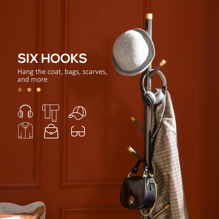 Vintage Freestanding Coat Rack Stand Hall Tree with 6 Hooks Bamboo Frame - Walnut