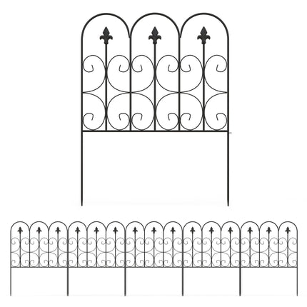 5PC Decorative Outdoor Metal Garden Picket Fence Panels Rustproof Landscape Edging Animal Barrier - Black