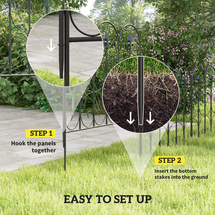 5PC Decorative Outdoor Metal Garden Picket Fence Panels Rustproof Landscape Edging Animal Barrier - Black