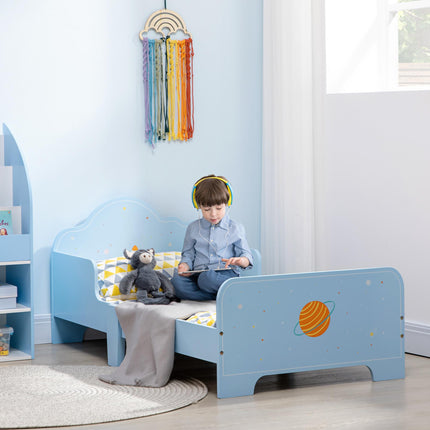 Toddler Bed with Safety Side Rails and Rocket Pattern - Blue