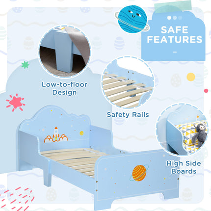 Toddler Bed with Safety Side Rails and Rocket Pattern - Blue