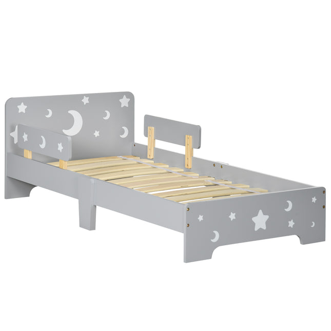 Kids Toddler Bed with Safety Rails and Star Moon Patterns - Grey