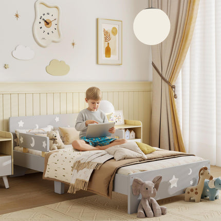 Kids Toddler Bed with Safety Rails and Star Moon Patterns - Grey