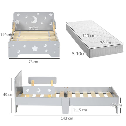 Kids Toddler Bed with Safety Rails and Star Moon Patterns - Grey