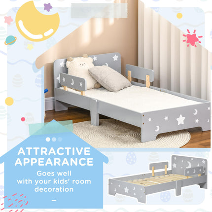 Kids Toddler Bed with Safety Rails and Star Moon Patterns - Grey
