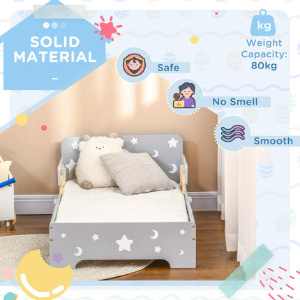 Kids Toddler Bed with Safety Rails and Star Moon Patterns - Grey