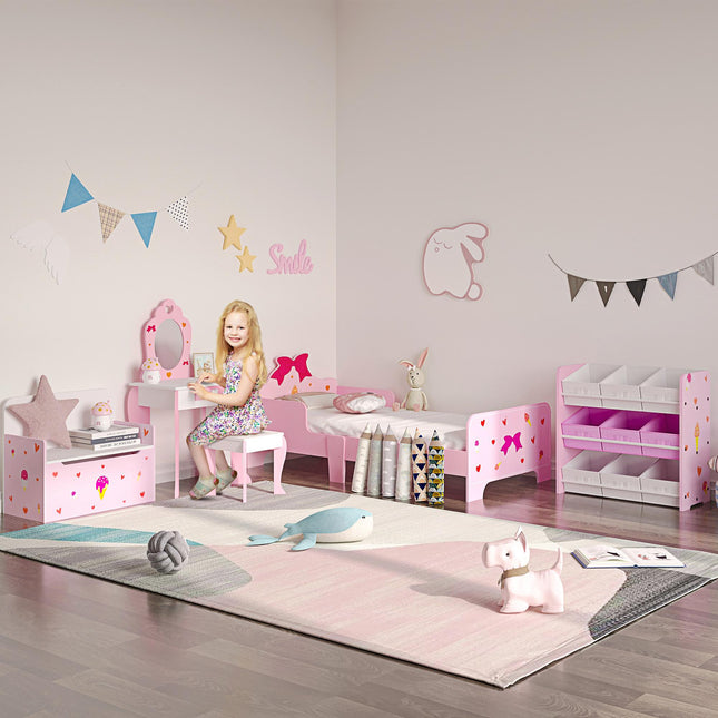 Kids Dressing Table and Stool Set with Mirror - Pink Cute Patterns
