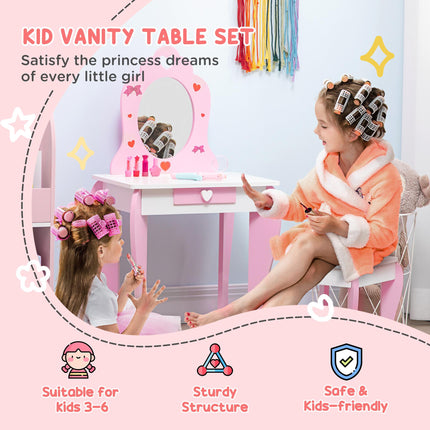 Kids Dressing Table and Stool Set with Mirror - Pink Cute Patterns