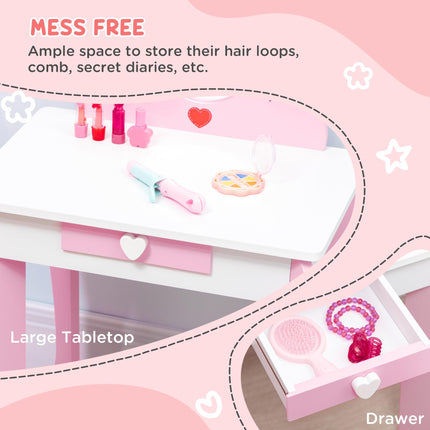 Kids Dressing Table and Stool Set with Mirror - Pink Cute Patterns