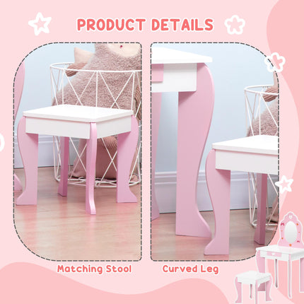 Kids Dressing Table and Stool Set with Mirror - Pink Cute Patterns