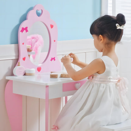 Kids Dressing Table and Stool Set with Mirror - Pink Cute Patterns