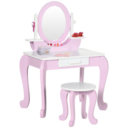 Kids Dressing Table and Drawer Stool Set with Mirror - Pink