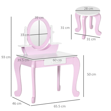 Kids Dressing Table and Drawer Stool Set with Mirror - Pink