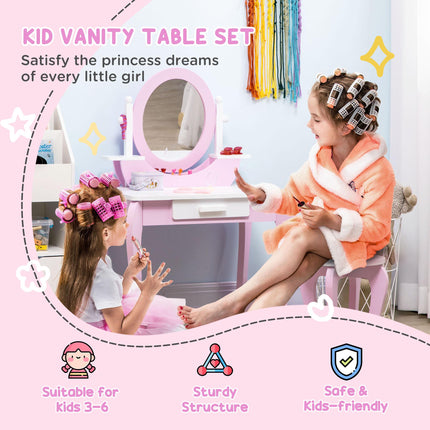 Kids Dressing Table and Drawer Stool Set with Mirror - Pink