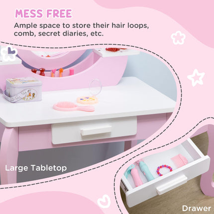 Kids Dressing Table and Drawer Stool Set with Mirror - Pink