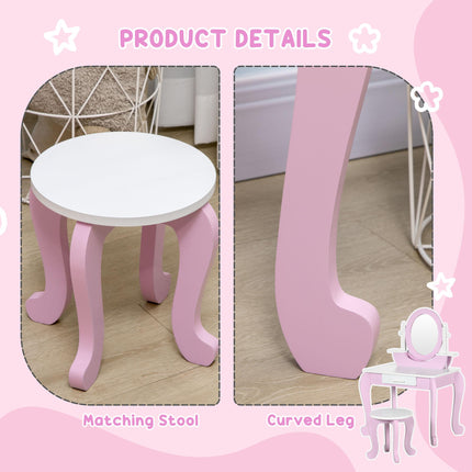 Kids Dressing Table and Drawer Stool Set with Mirror - Pink