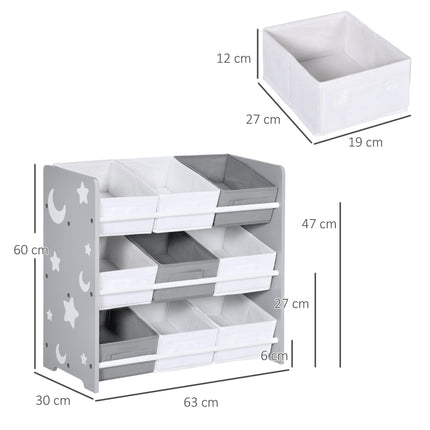 3 Tier Kids Storage Unit with 9 Baskets and Shelf - Grey White
