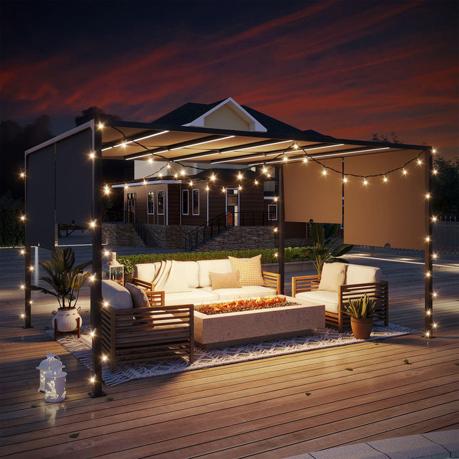 3(m) x 4m Metal Pergola with LED Lights, Outdoor Garden Pergola with Sliding Roo