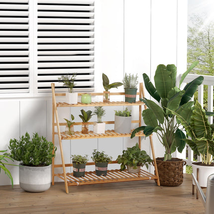 3 Tier Bamboo Plant Stand with Slatted Shelves - Natural
