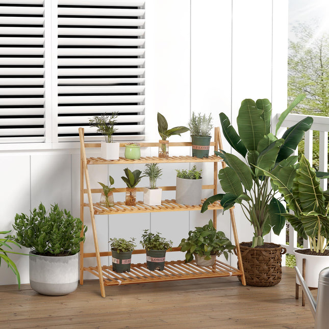 3 Tier Bamboo Plant Stand with Slatted Shelves - Natural