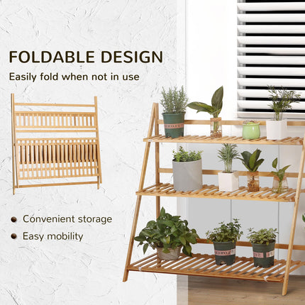 3 Tier Bamboo Plant Stand with Slatted Shelves - Natural