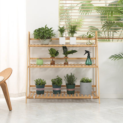 3 Tier Bamboo Plant Stand with Slatted Shelves - Natural