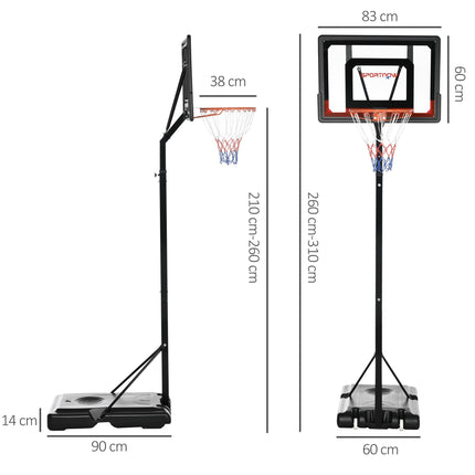 Adjustable 2.1-2.6m Basketball Hoop and Stand with Weighted Base and Wheels - Black Red Orange