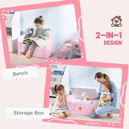 2-in-1 Wooden Toy Box and Storage Bench with Safety Rod - Pink