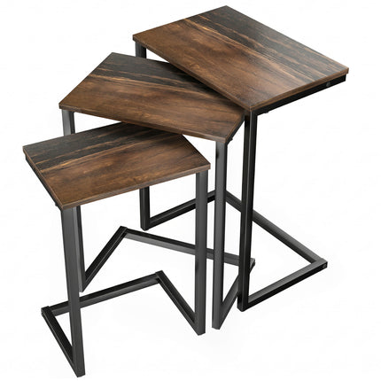 Nesting C-Shaped Side Tables Set of 3 with Steel Frame for Sofa and Bed - Rustic Brown