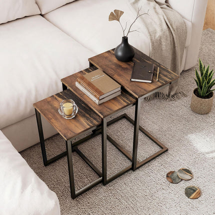 Nesting C-Shaped Side Tables Set of 3 with Steel Frame for Sofa and Bed - Rustic Brown