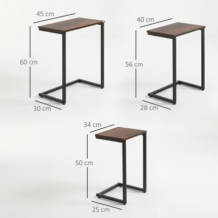Nesting C-Shaped Side Tables Set of 3 with Steel Frame for Sofa and Bed - Rustic Brown