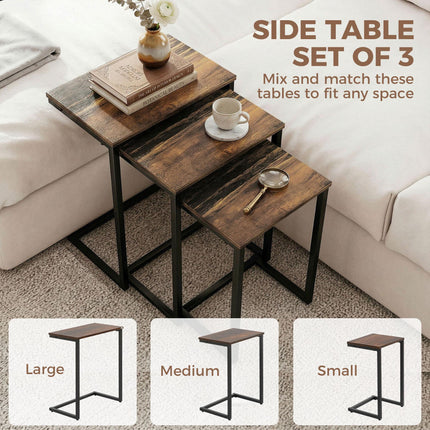 Nesting C-Shaped Side Tables Set of 3 with Steel Frame for Sofa and Bed - Rustic Brown