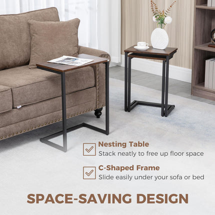 Nesting C-Shaped Side Tables Set of 3 with Steel Frame for Sofa and Bed - Rustic Brown