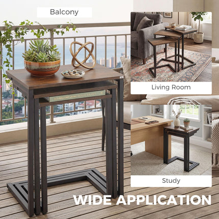 Nesting C-Shaped Side Tables Set of 3 with Steel Frame for Sofa and Bed - Rustic Brown