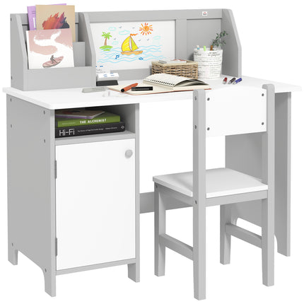 2 Piece Kids Table and Chair Set with Whiteboard and Storage - Grey