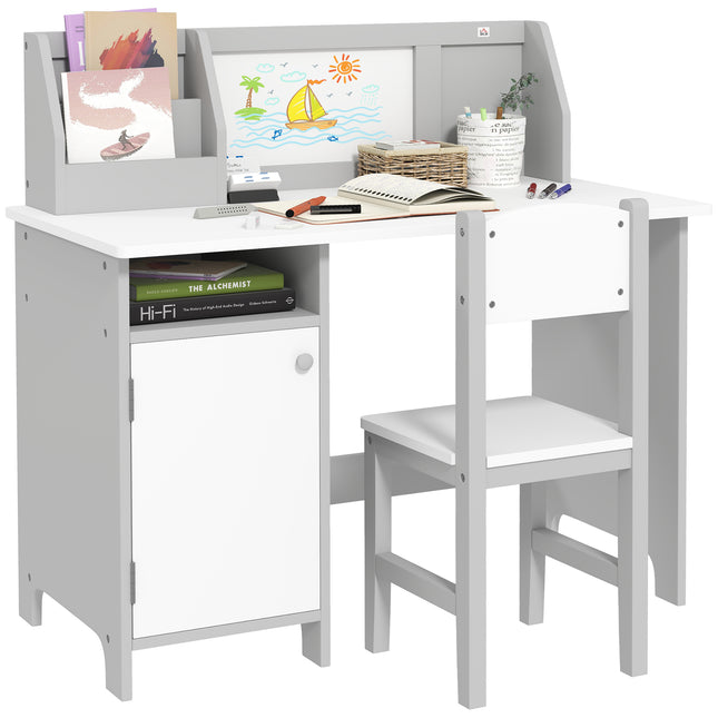 2 Piece Kids Table and Chair Set with Whiteboard and Storage - Grey