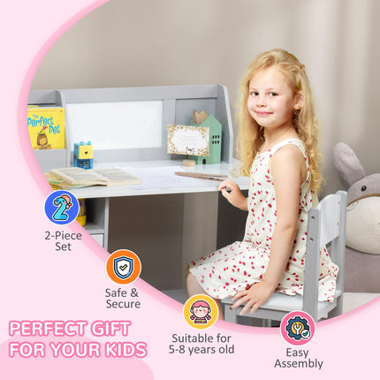 2 Piece Kids Table and Chair Set with Whiteboard and Storage - Grey