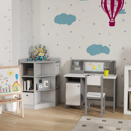 2 Piece Kids Table and Chair Set with Whiteboard and Storage - Grey