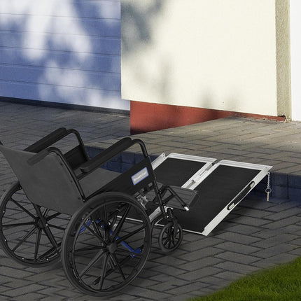 2ft Aluminium Duo Folding Wheelchair Ramp with Carry Handle & Locking Chain 61L x 72W cm - Silver and Black