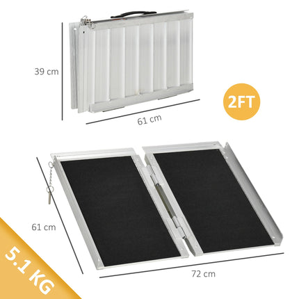 2ft Aluminium Duo Folding Wheelchair Ramp with Carry Handle & Locking Chain 61L x 72W cm - Silver and Black