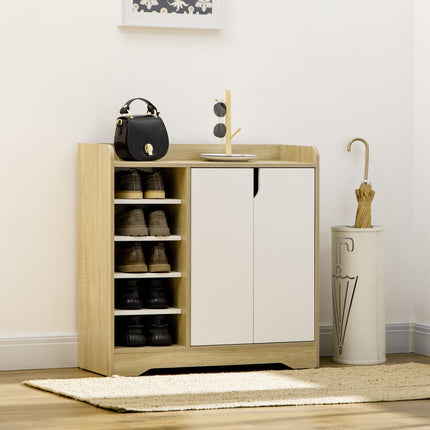 Shoe Storage Organizer with Double Doors and Open Shelves for 13 Pairs - Natural & White